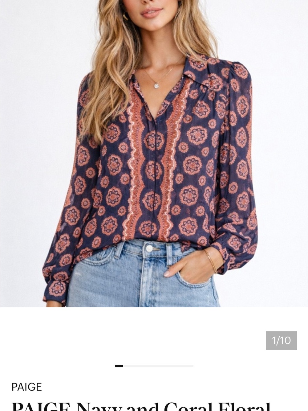 PAIGE Dark Navy and Coral Floral-Print Silk Blouse, like new